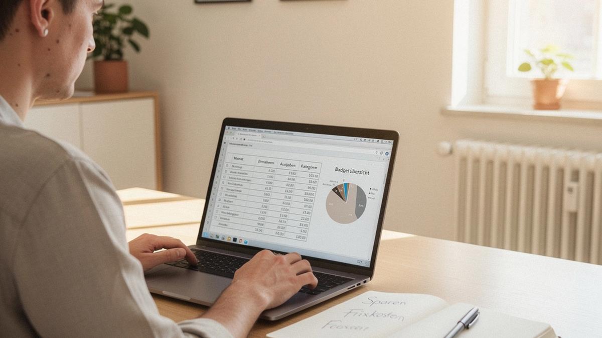 Person nutzt Laptop mit Budget-Übersicht und Notizen