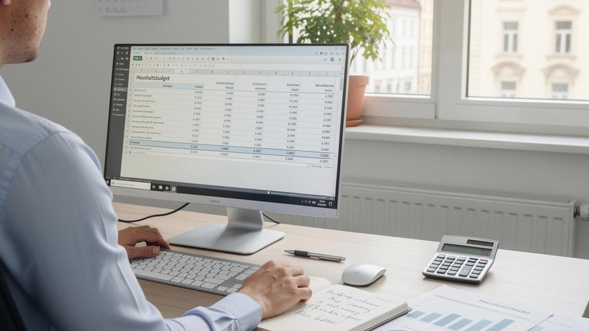 Person am Schreibtisch plant Budget mit Laptop, Notizbuch und Diagrammen